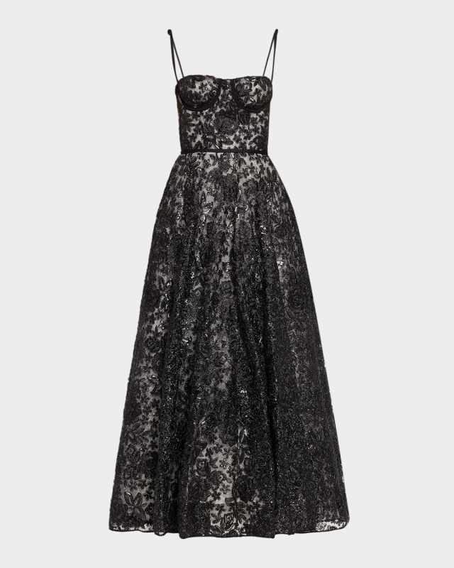 Sequined Floral Lace Bustier A-Line Maxi Dress